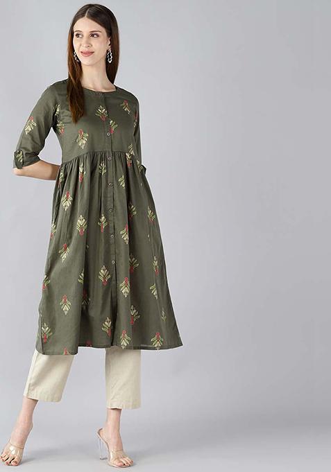 Green Printed Cotton Kurta