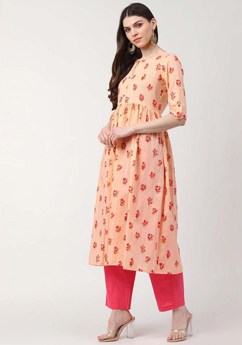 Peach Printed Cotton Kurta