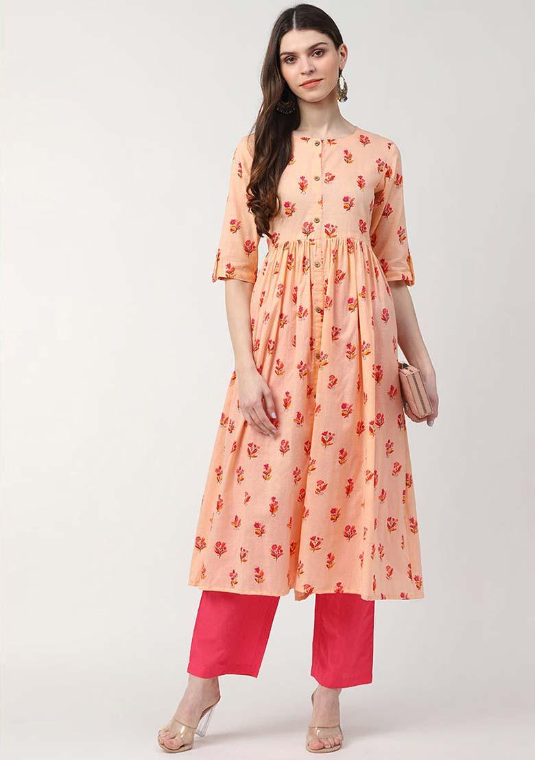 Peach Printed Cotton Kurta
