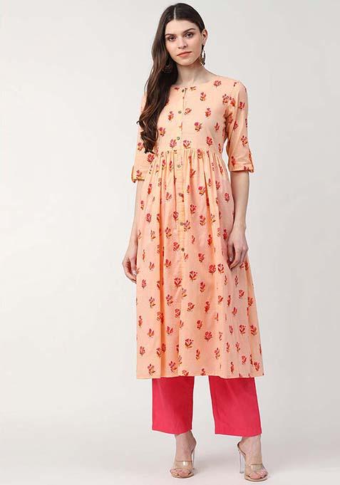 Peach Printed Cotton Kurta