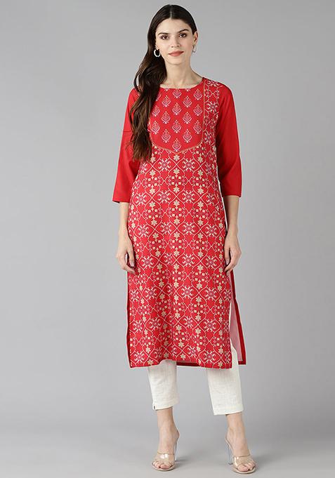 Red Printed Polyester Kurta