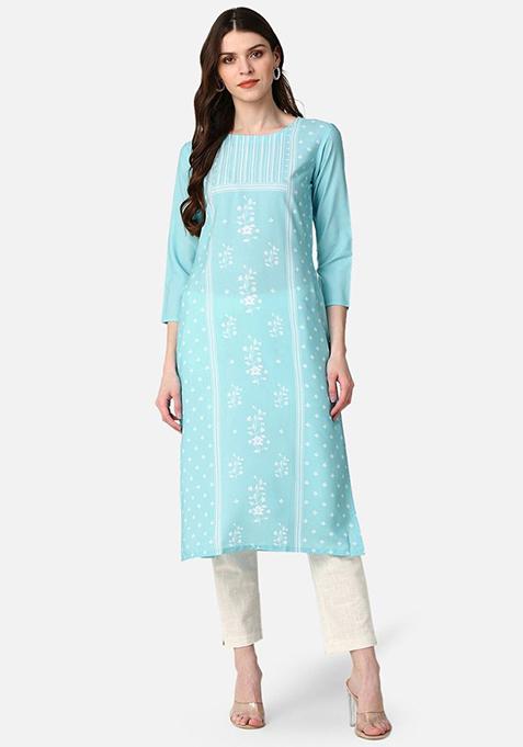 Blue Printed Crepe Kurta