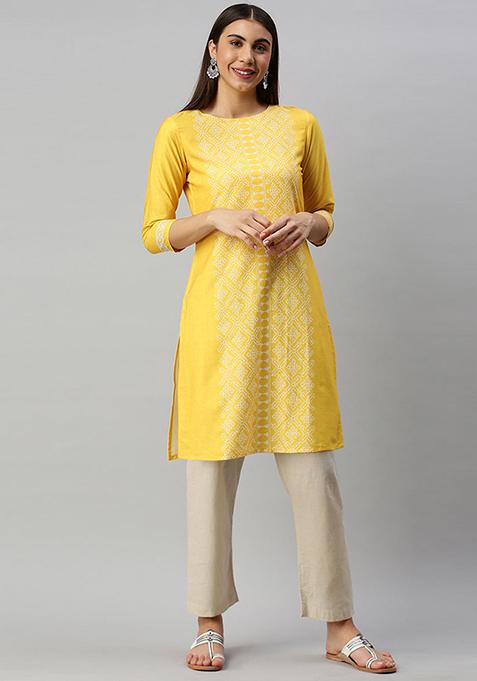 Yellow Printed Crepe Kurta