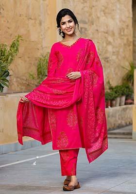 Dark Pink Printed Cotton Kurta Set