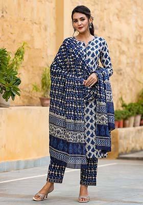 Off White Printed Rayon Blend Kurta Set