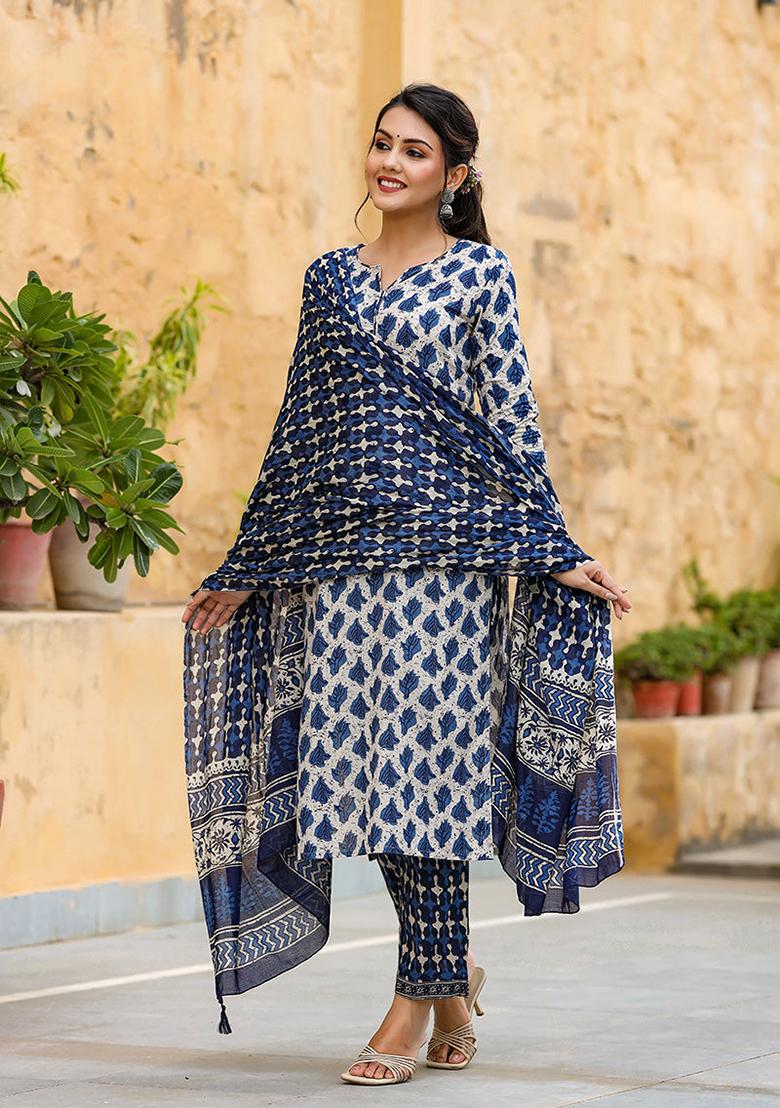 Off White Printed Rayon Blend Kurta Set