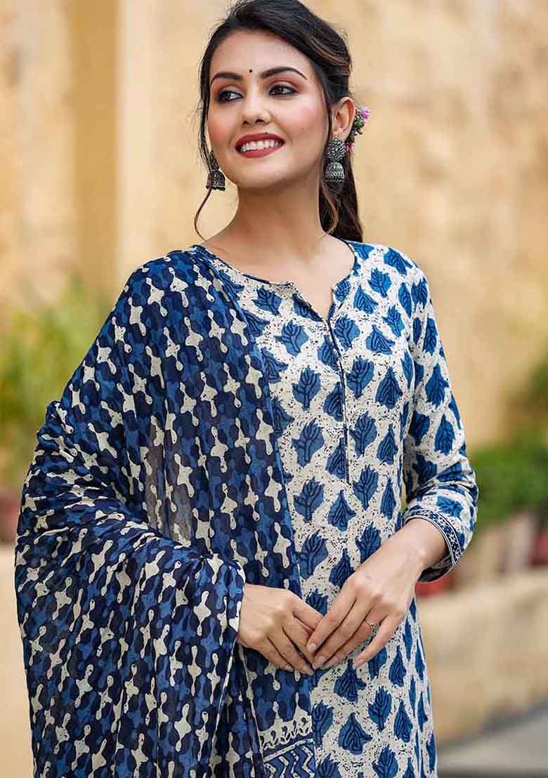 Off White Printed Rayon Blend Kurta Set