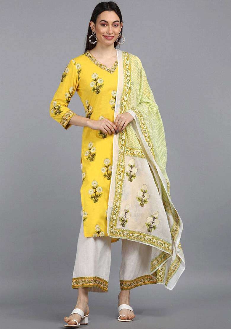 Yellow Embroidered Cotton Straight Kurta Set - Indya
