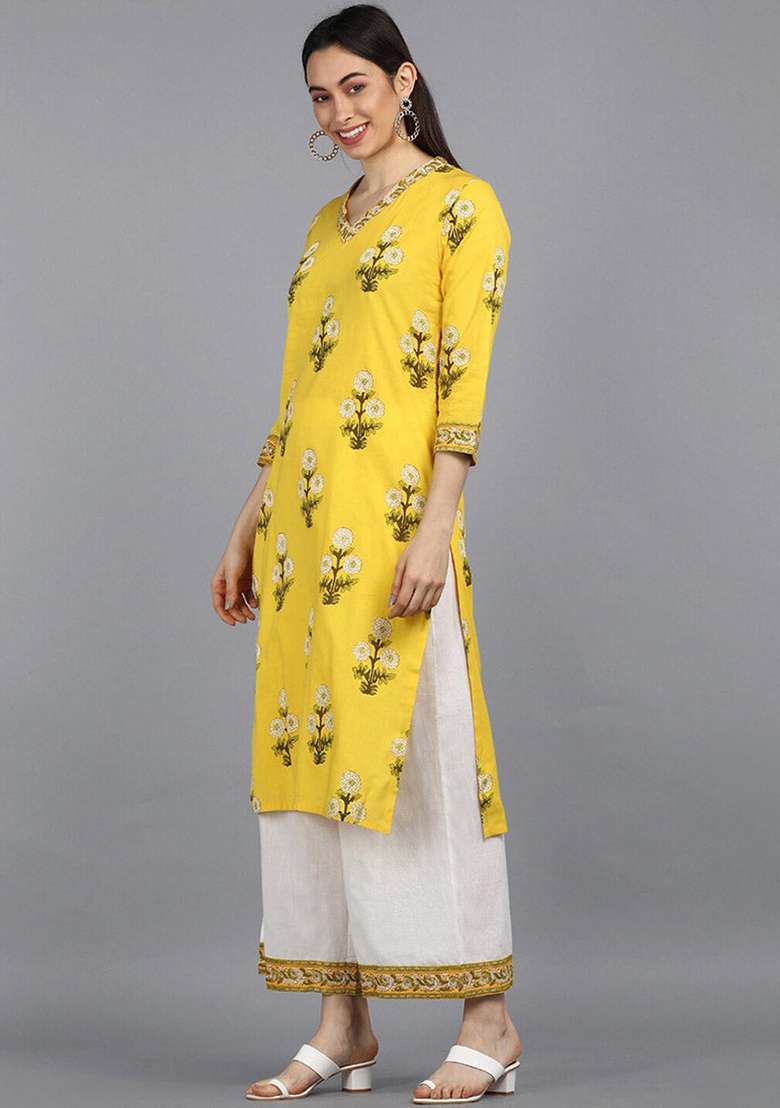 Yellow Embroidered Cotton Straight Kurta Set - Indya