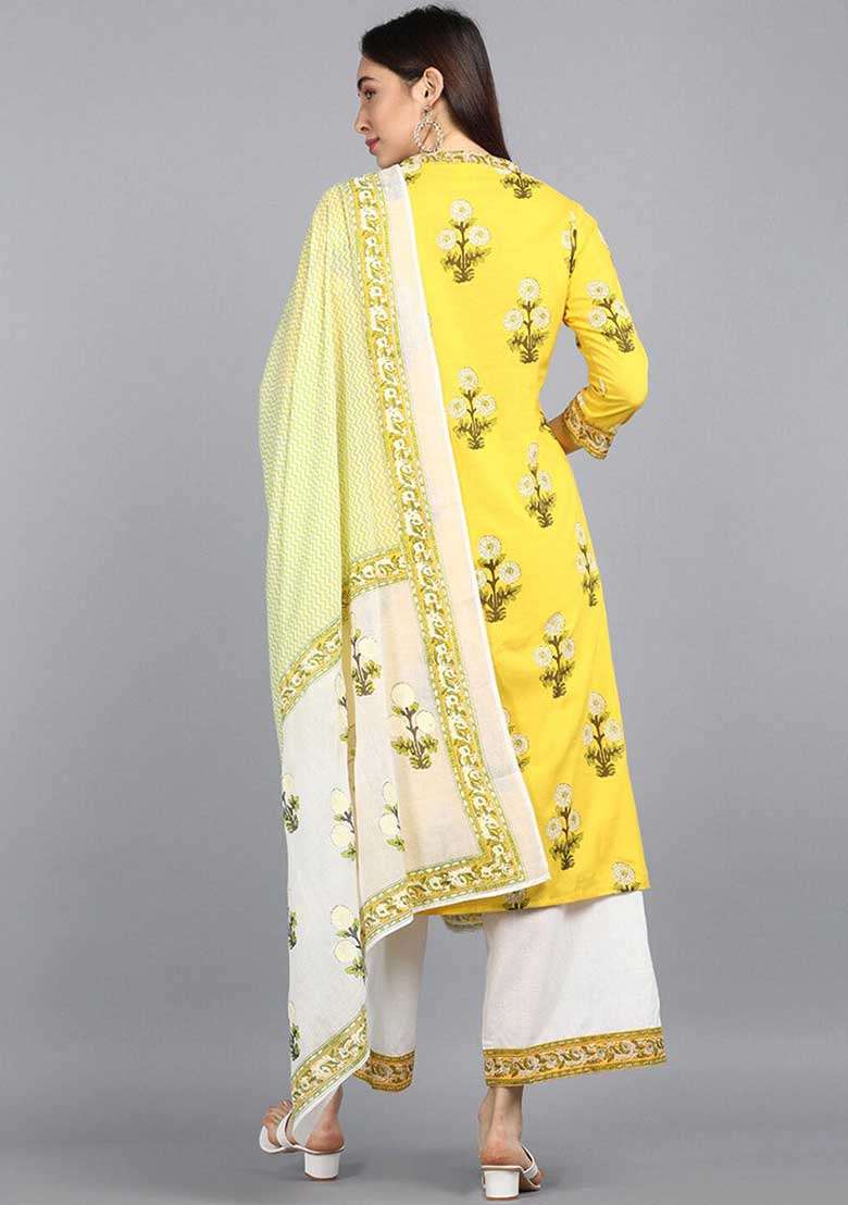 Yellow Embroidered Cotton Straight Kurta Set - Indya