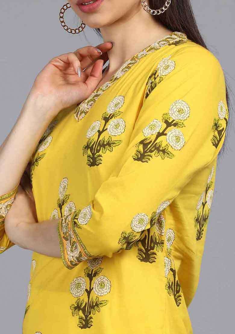 Yellow Embroidered Cotton Straight Kurta Set - Indya
