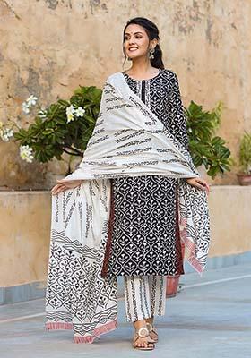 Black Printed Cotton Kurta Set