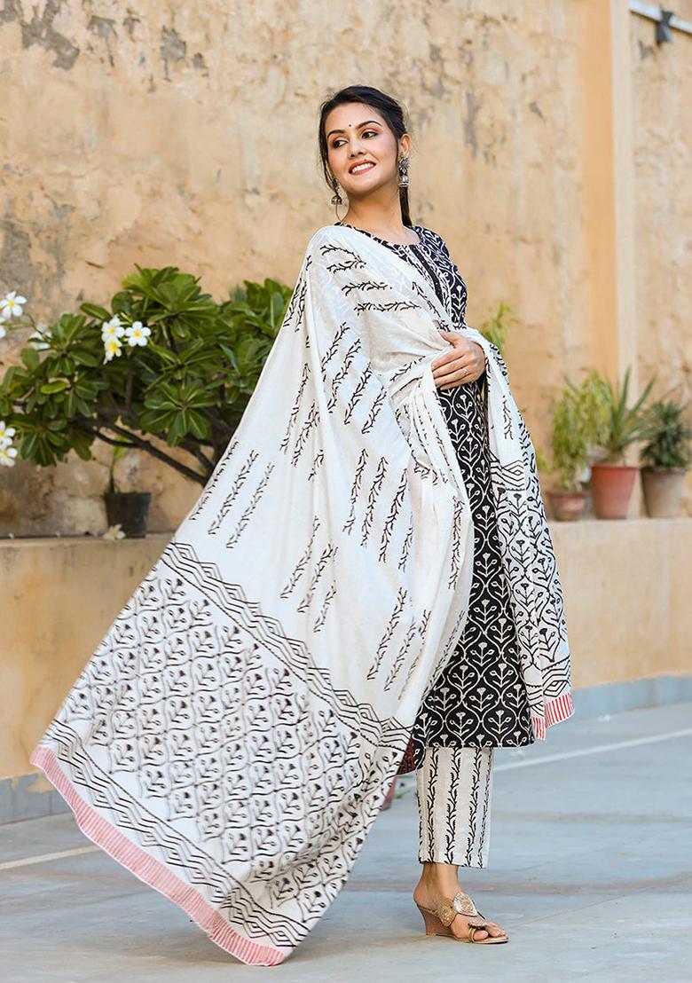 Black Printed Cotton Kurta Set