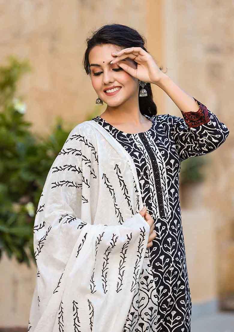 Black Printed Cotton Kurta Set