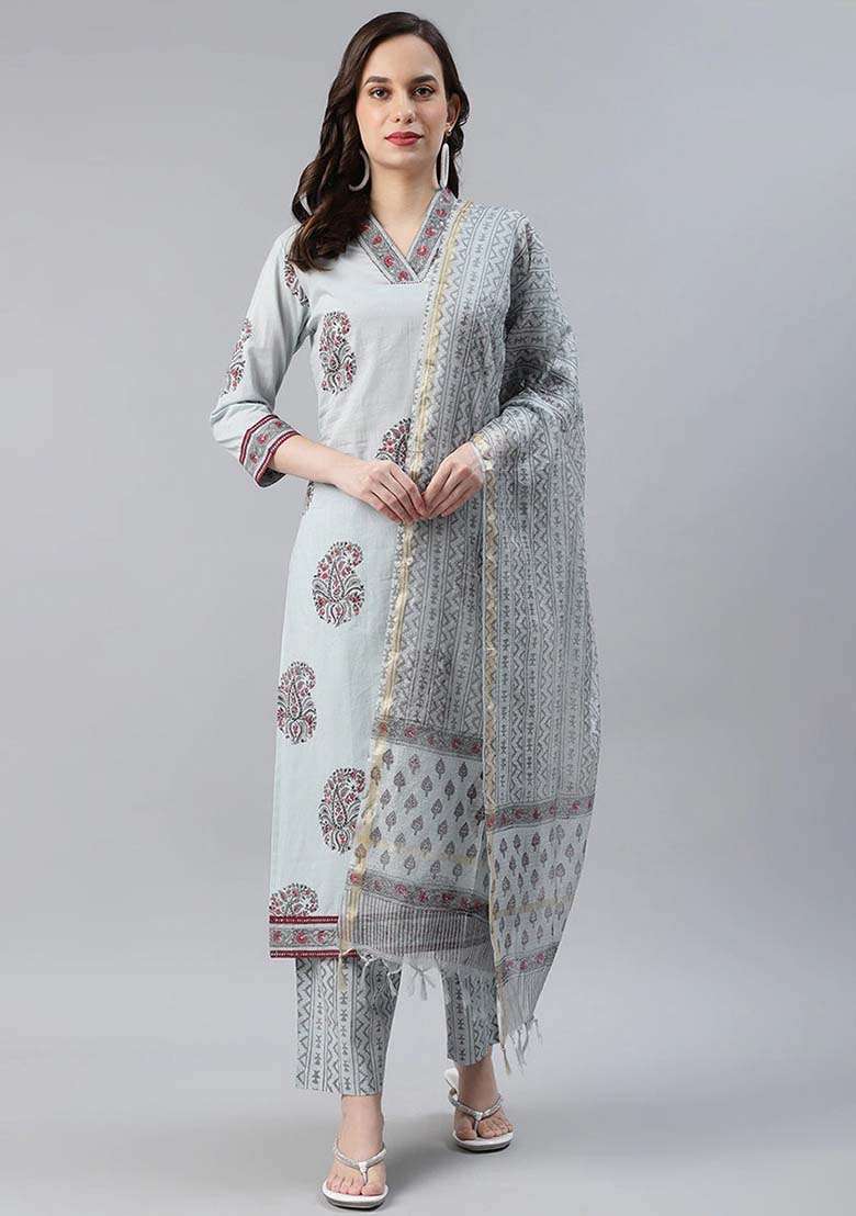 Grey Printed Cotton Straight Kurta Set - Indya