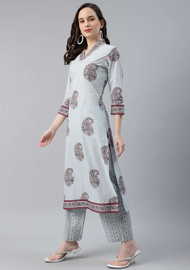 Grey Printed Cotton Straight Kurta Set - Indya