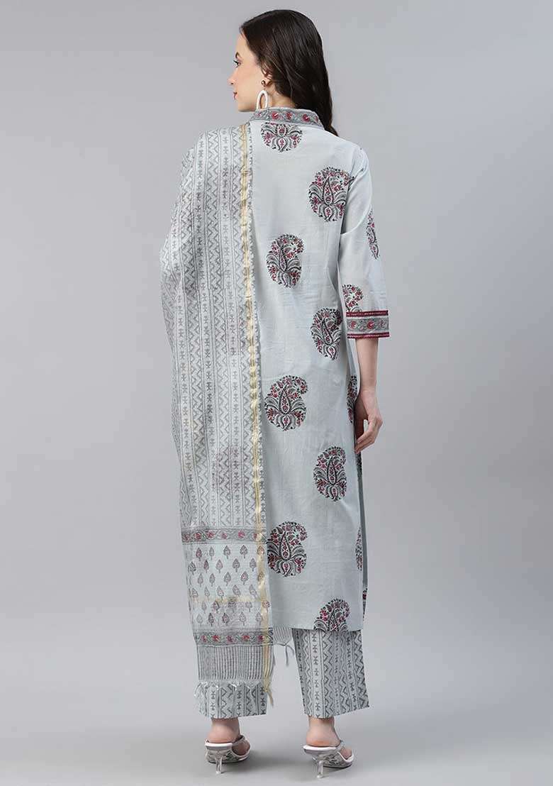 Grey Printed Cotton Straight Kurta Set - Indya