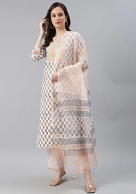 White Printed Cotton Kurta Set