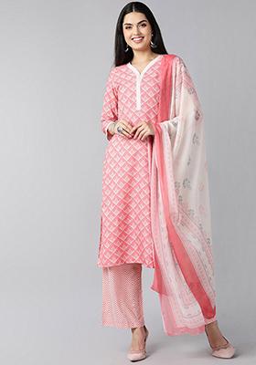 Peach Printed Polyester Kurta Set