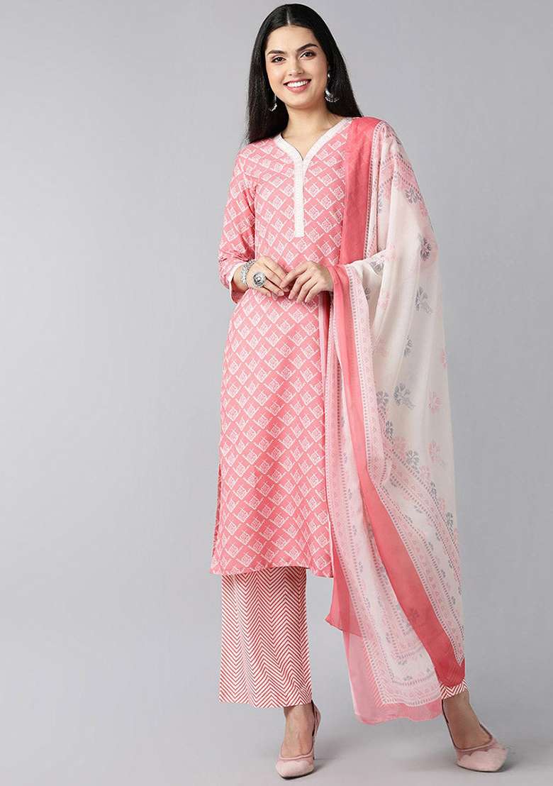 Peach Printed Polyester Straight Kurta Set - Indya