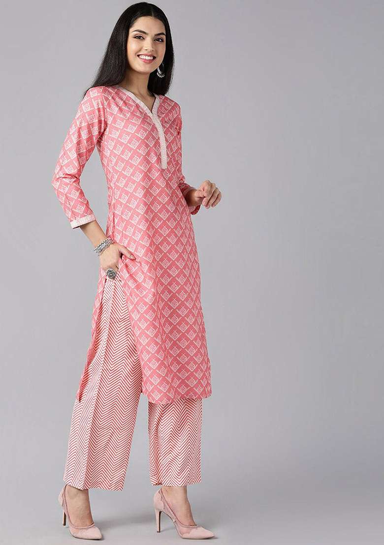 Peach Printed Polyester Straight Kurta Set - Indya