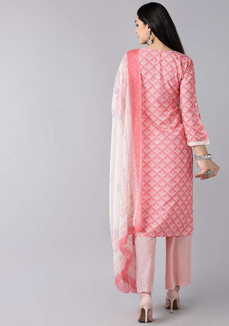 Peach Printed Polyester Straight Kurta Set - Indya