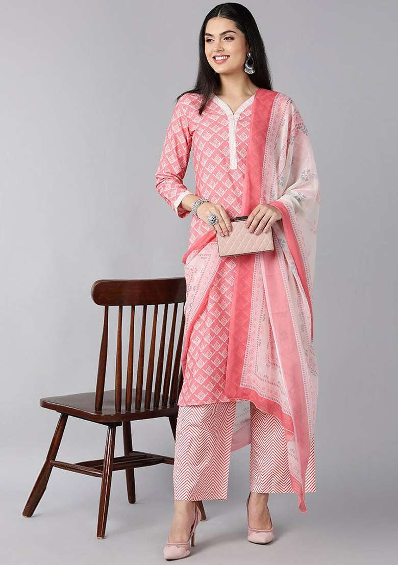 Peach Printed Polyester Straight Kurta Set - Indya