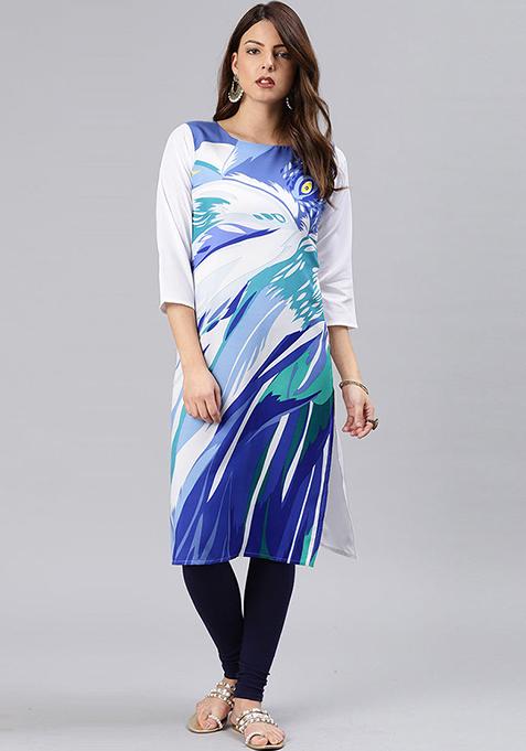 Blue And White Printed Polyester Kurta