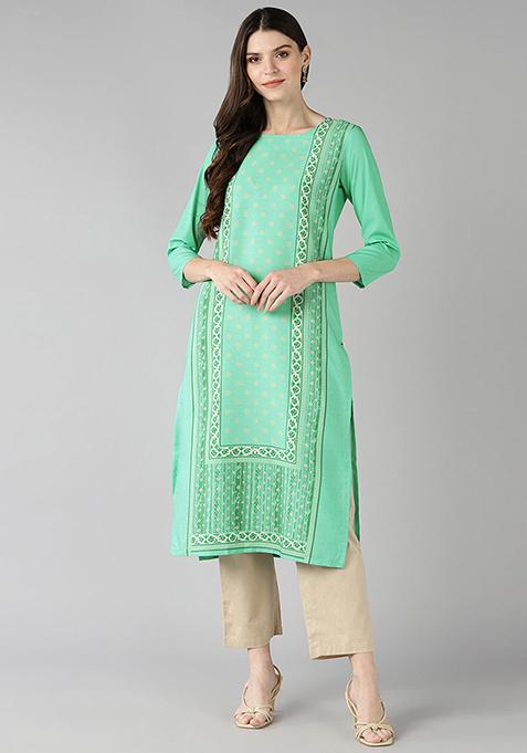 Green Printed Crepe Kurta