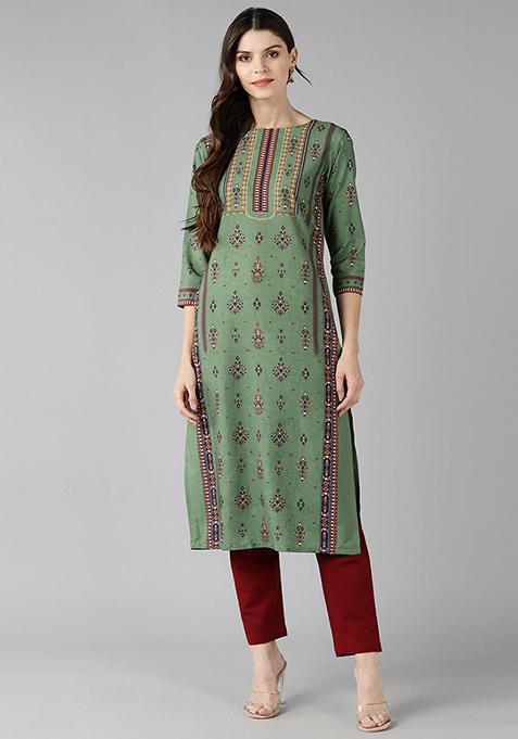 Green Printed Polyester Kurta