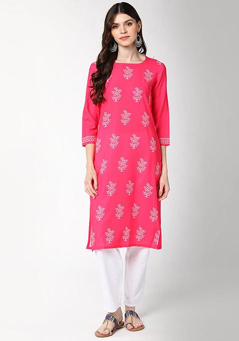 Pink Printed Polyester Kurta