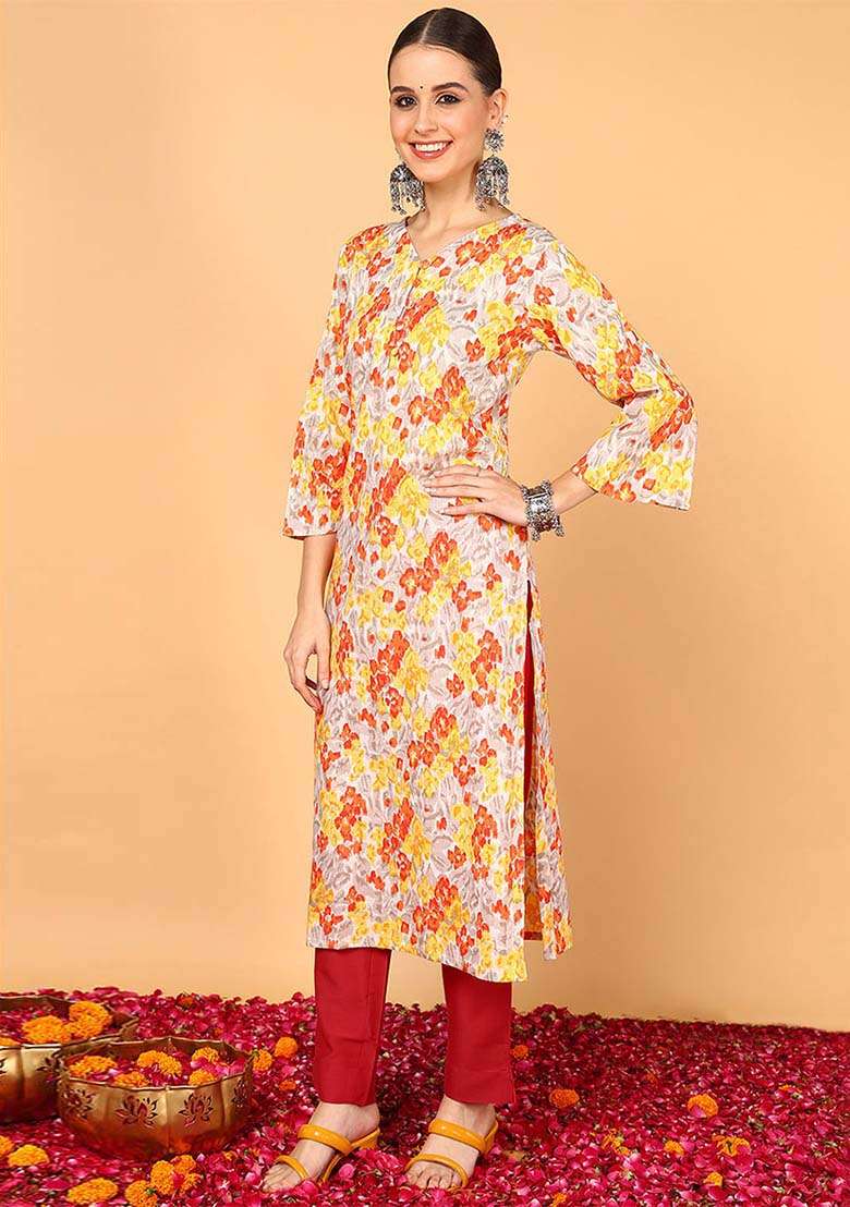 Grey Floral Print Cotton Straight Kurta Set - Indya