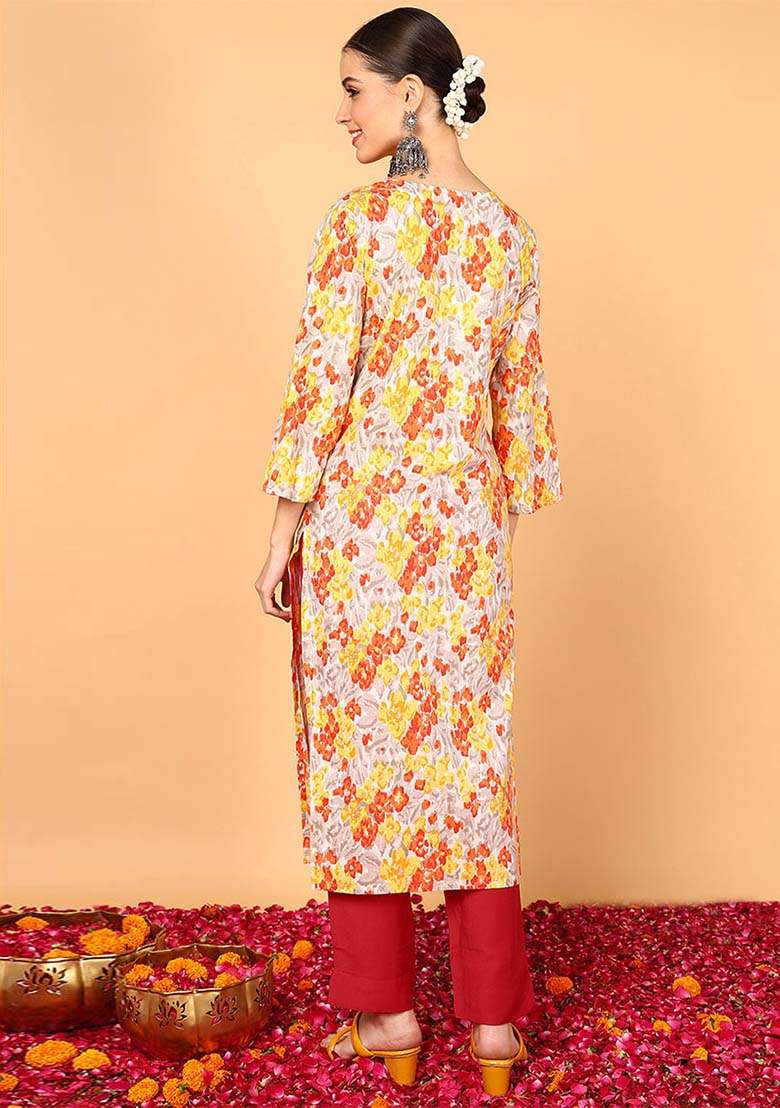 Grey Floral Print Cotton Straight Kurta Set - Indya