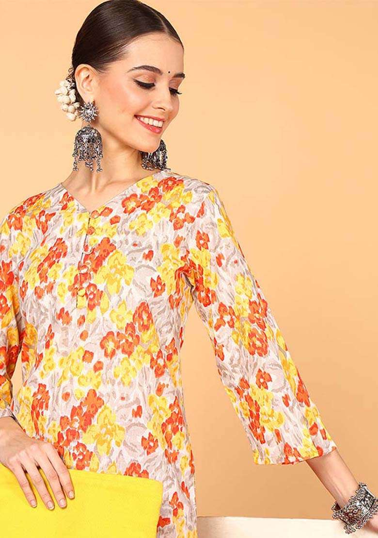 Grey Floral Print Cotton Straight Kurta Set - Indya
