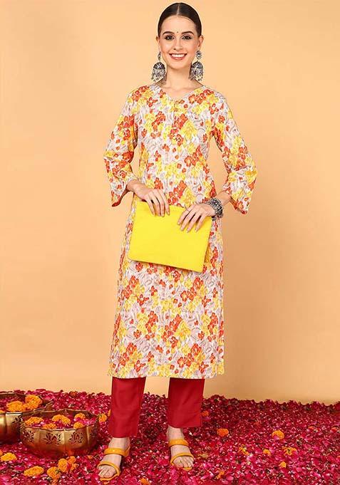 Grey Floral Print Cotton Straight Kurta Set