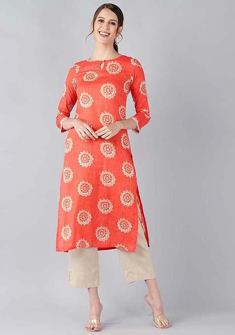 Orange Printed Cotton Kurta