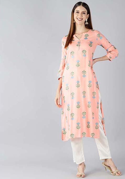 Peach Printed Cotton Kurta