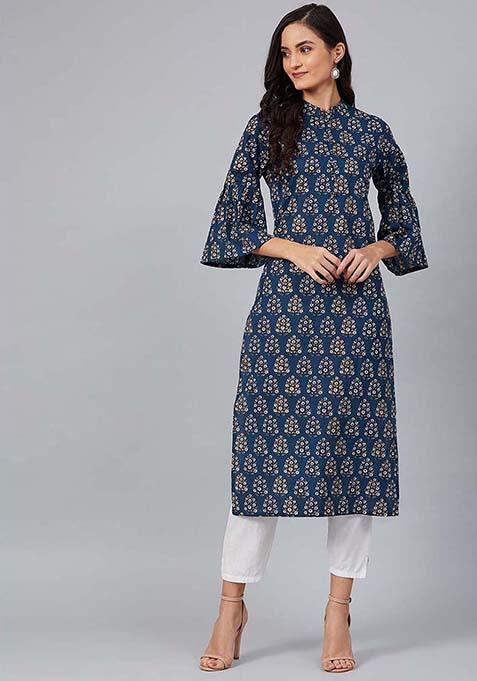 Navy Blue Printed Cotton Kurta