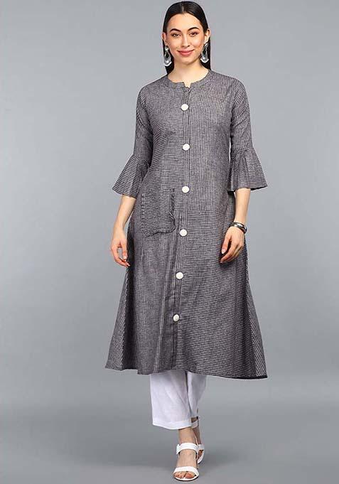 Grey Printed Cotton Kurta