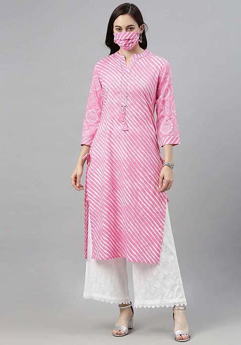 Pink Striped Cotton Straight Kurta Set