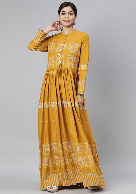 Mustard Printed Cotton Kurta