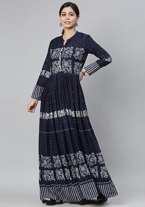 Navy Blue Printed Cotton Kurta