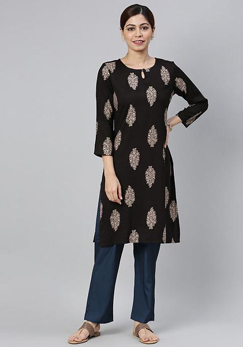 Black Printed Rayon Kurta