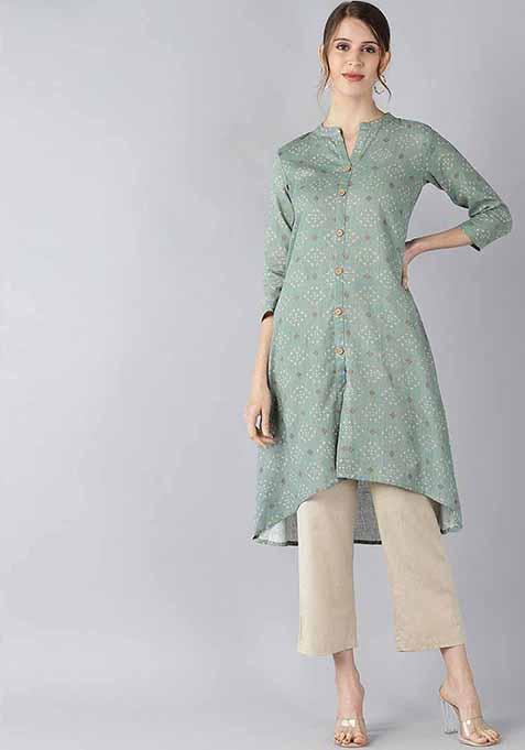 Green Printed Cotton Kurta