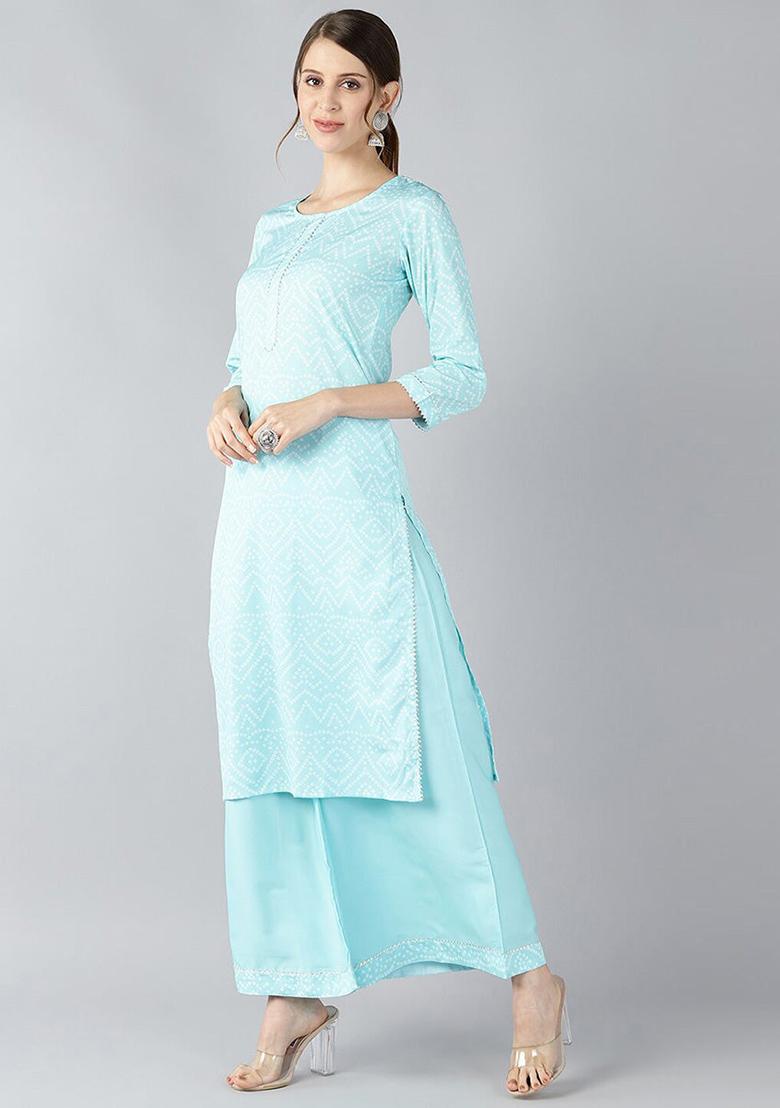 Blue Printed Crepe Kurta Set