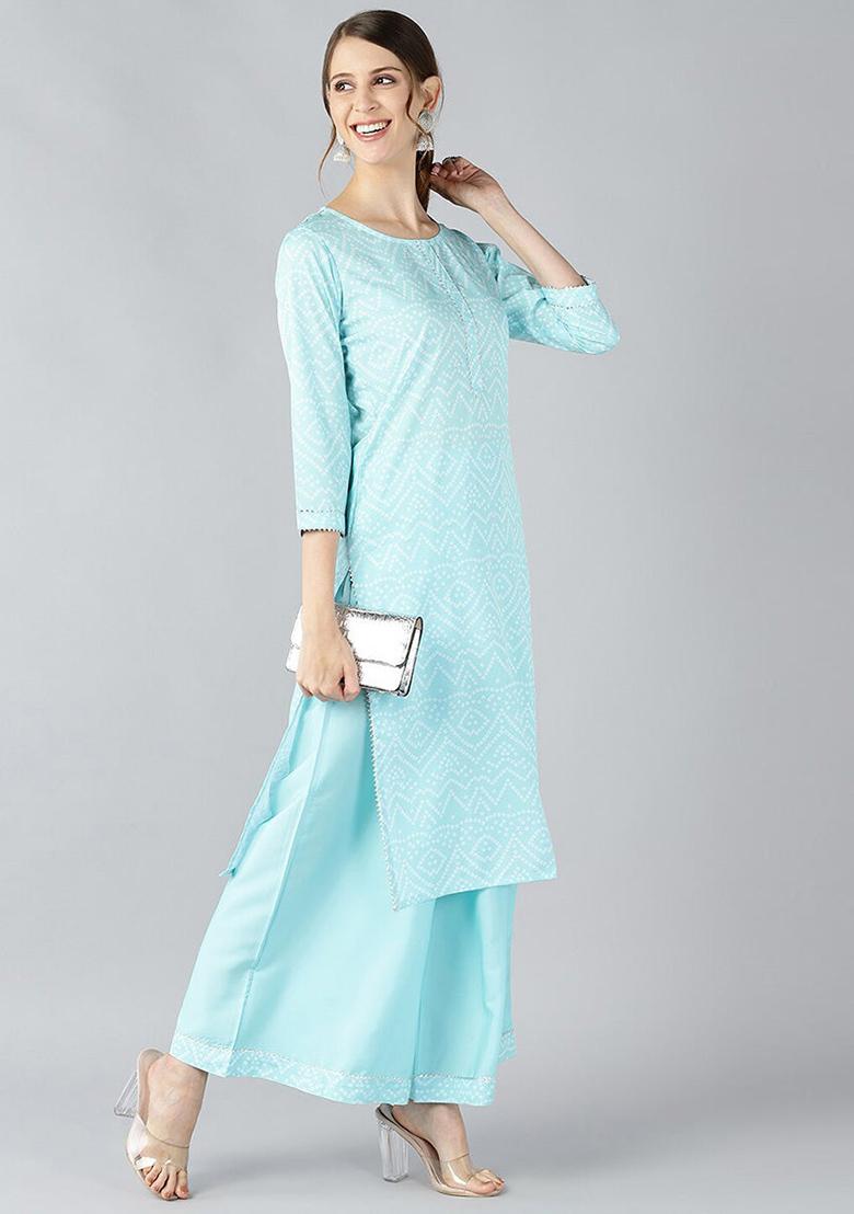 Blue Printed Crepe Kurta Set