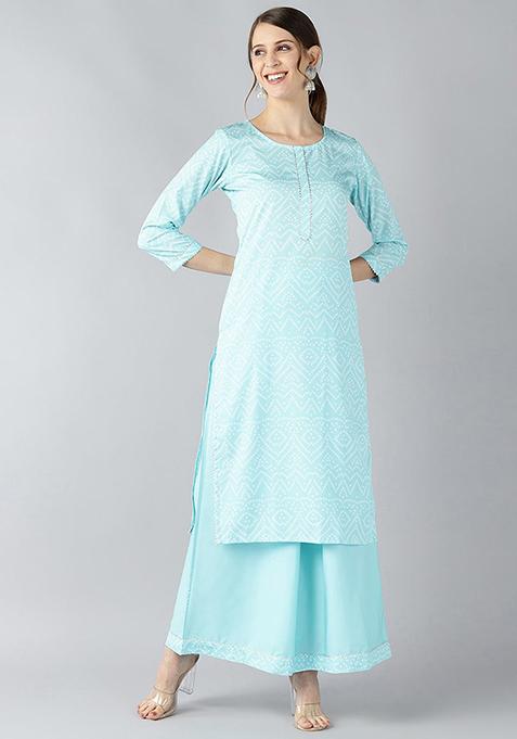 Blue Printed Crepe Kurta Set