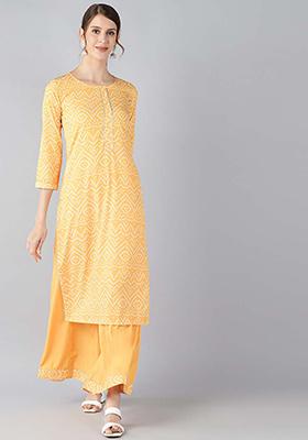 Yellow Printed Crepe Kurta Set