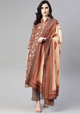 Brown Printed Crepe Kurta Set