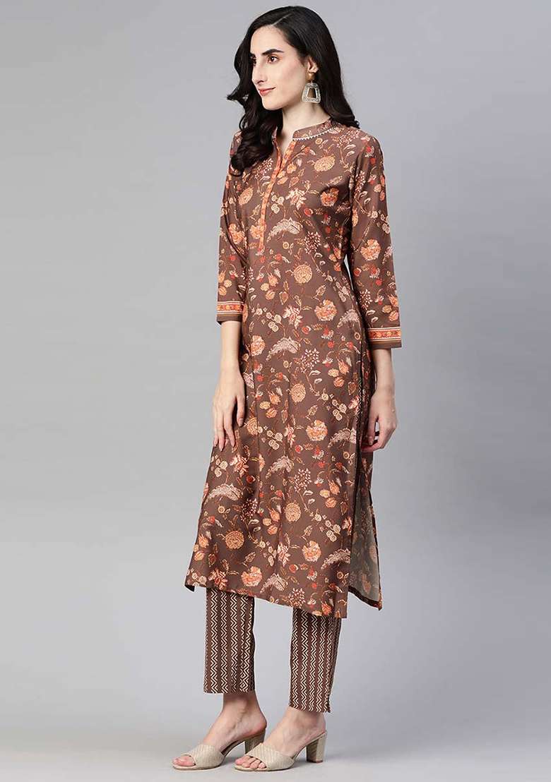 Brown Printed Crepe Straight Kurta Set - Indya